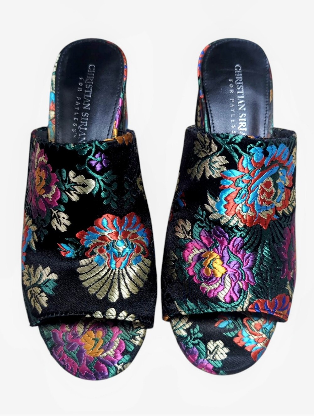 Christian Siriano Black Multicolor Jacquard Open Toe Block Heel Women's Size 7.5